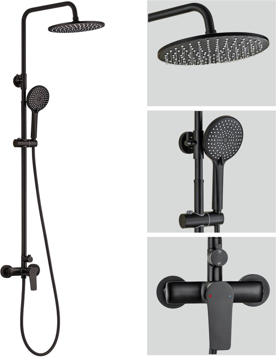 Auralum Max Regendouche met Douchekraan - Zwart Doucheset - Ø 25 cm Douchekop - Met 3 stralen Handdouche - Regendoucheset - Verstelbare Hoogte 93-130 cm - Waterbesparend - Zwart