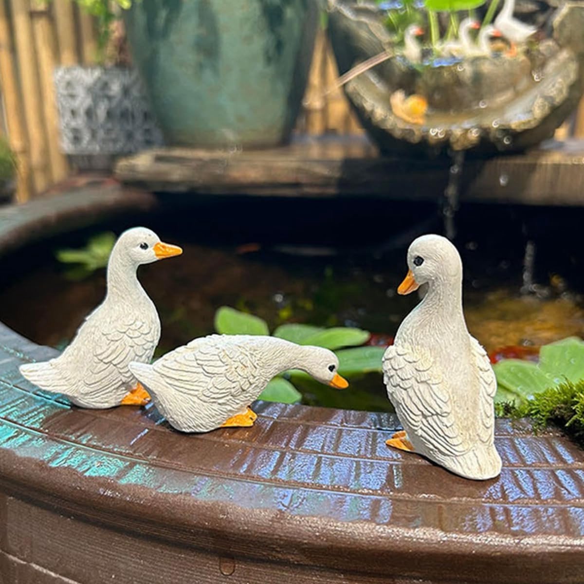 Set van 3 Eendfiguren voor Tuinversiering, Eendjes Beeldjes voor Bloempotten en Aquariums, Decoratieve Eend Sculpturen voor Tuin en Vijver