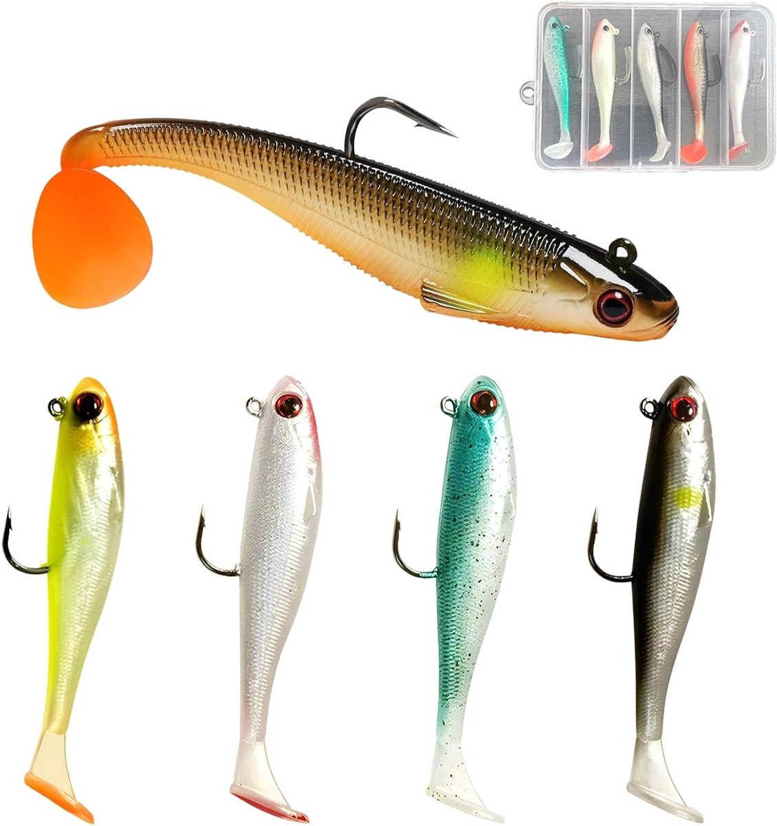 Set van 5 zachte vislures voor zeevisserij, ideaal voor karper, snoek en forel, met jigkop en T-staart, perfect voor zoet- en zoutwater vissen (9cm/12.3g)