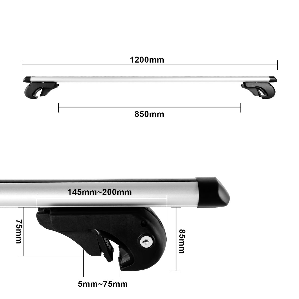 Universele Aluminium Dakdragers 120 cm – Dakraildragers met Veiligheidsslot – Max. Draagvermogen 90 kg – Set van 2 – Zilver – foto 2