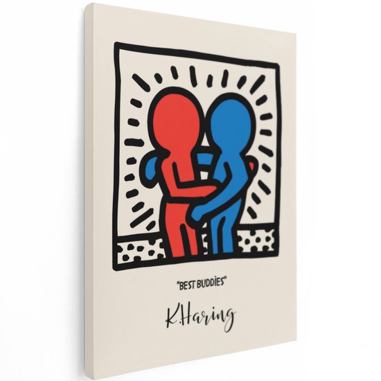 Close-up van het Haring "BEST BUDDIES" canvas schilderij. Rood en blauw figuur omhelzen elkaar.