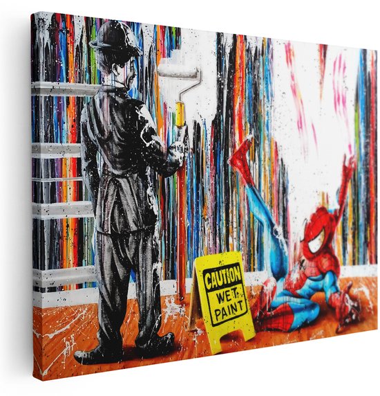 Artaza Canvas Schilderij Spiderman - 120x90 cm - Wanddecoratie Charlie Chaplin - Muurdecoratie Marvel - Kleurrijk Schilderij Pop Art