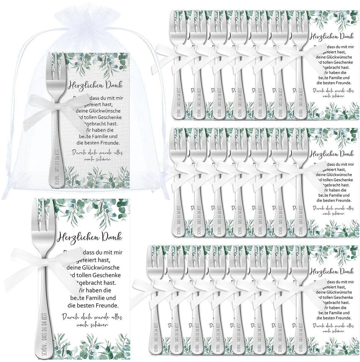 Dailygoods - Taartvorkjesset met Organzazakjes en Bedankkaartjes (24 Stuks)