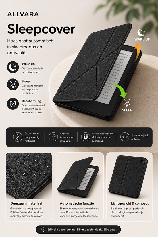 Allvara® Ereader hoes - Kobo Clara BW - Multifunctioneel - Ingebouwde standaard Trifold - Wake/Sleep Cover - 360° Bescherming - Zwart — afbeelding 2