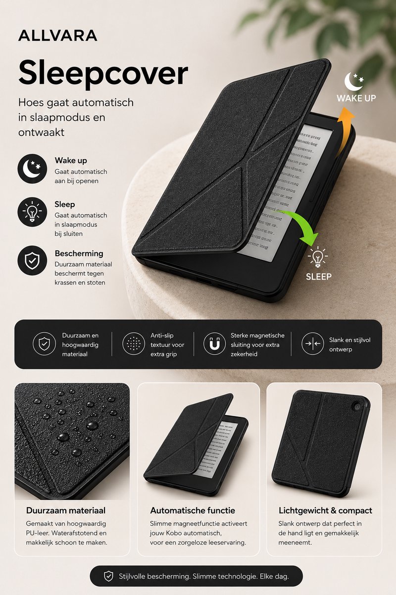 Allvara® Ereader hoes - Kobo Clara BW - Multifunctioneel - Ingebouwde standaard Trifold - Wake/Sleep Cover - 360° Bescherming - Zwart – foto 2
