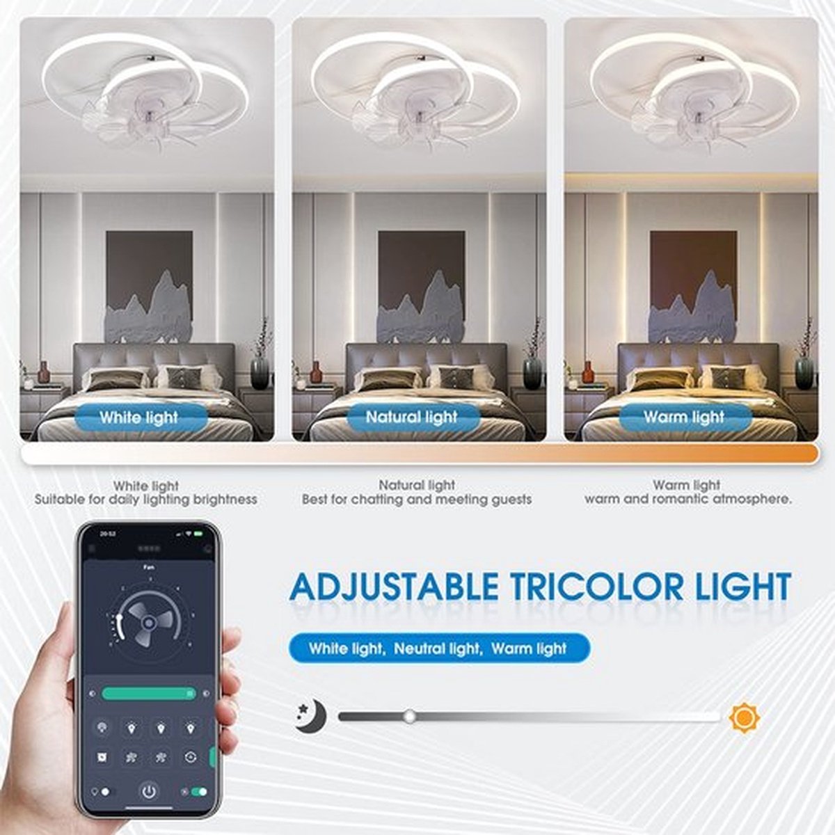 Plafondventilator met verlichting - Afstandsbediening en app-bediening - LED dimbare ventilator plafondlamp - Voor eetkamer, slaapkamer en woonkamer - Ventilatorlamp – foto 3