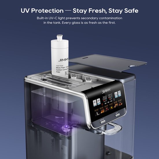 Gedetailleerde opname van een waterdispenser met ingeschakeld UV-licht dat paars gloeit in de tank. Tekst "UV Protection — Stay Fresh, Stay Safe".