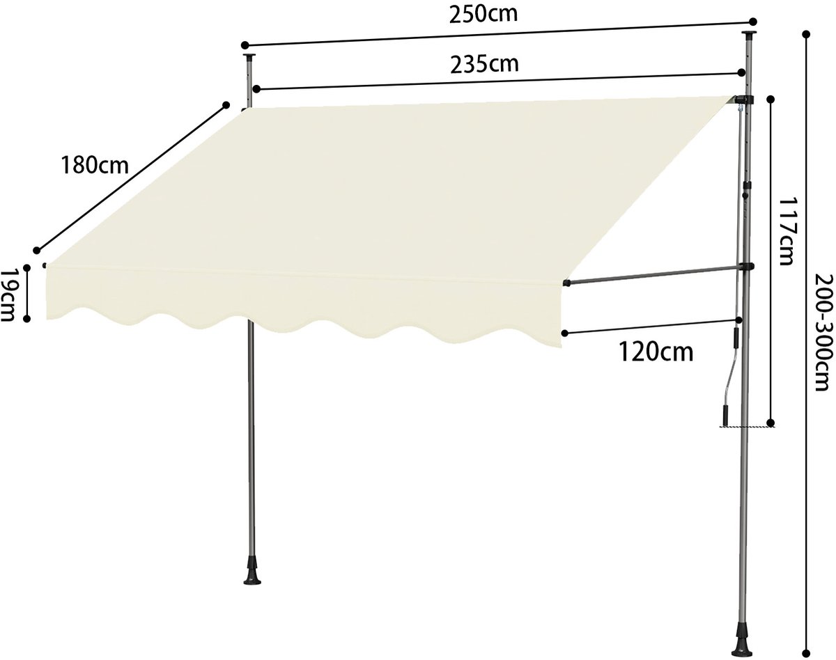 Jently luifel - zonnescherm - zonneluifel - terrasluifel -zonwering - uitschuifbaar - klem - handmatig - 200-300x250 - off-white