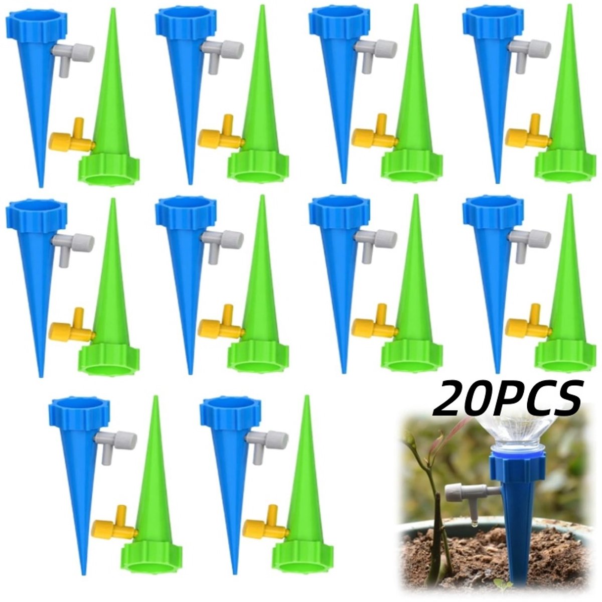 20 stuks-Druppelirrigatie - Automatisch bewateringsapparaat - Druppelbewatering - Tuingereedschap - Instelbaar watervolume - Geschikt voor de meeste standaard waterflessen - Blauw - Groen - 13,5 x 3,5 cm - Binnendiameter 3 cm
