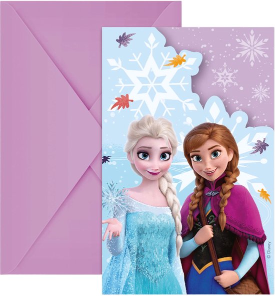 Carte d'invitation avec Elsa et Anna de Frozen, entourées de flocons de neige et de feuilles d'automne. À gauche, Elsa en robe bleue, à droite, Anna en cape violette.
