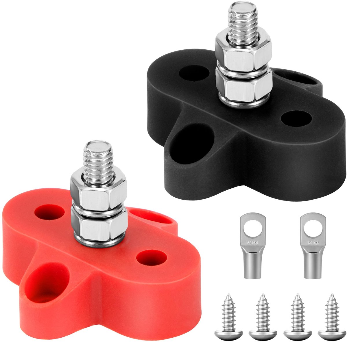 Dailygoods - Dailygoody - M6 Terminal Block - Connector - Betrouwbaar en duurzaam - Zwart en Rood - 12V-48V - Voor auto, truck en boot - Pack van 2