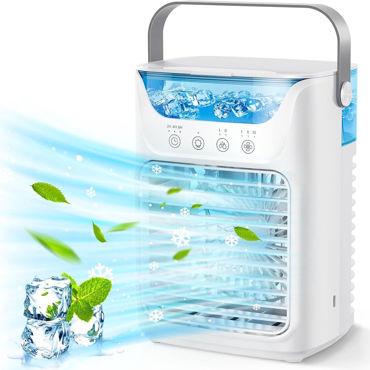 3-in-1 Miniventilator – 21 × 16,5 × 12,2 cm – Luchtkoeler - Luchtbevochtiger – Voorzien van 700 ml watertank met vulopening aan de bovenzijde – Draagbare – Nachtlampje met 7 kleuren – Timerfunctie (2/4/6 uur) – Fluisterstille werking – Wit