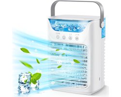 3-in-1 Miniventilator – 21 × 16,5 × 12,2 cm – Luchtkoeler - Luchtbevochtiger – Voorzien van 700 ml watertank met vulopening aan de bovenzijde – Draagbare – Nachtlampje met 7 kleuren – Timerfunctie (2/4/6 uur) – Fluisterstille werking – Wit