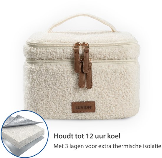 LUVION® Luxe Teddystof Borstvoeding Kolftas – Geïsoleerde Moedermelk Koeltas met Koelelement – Flessentas voor Onderweg - Moedermelk tot 12 uur Koel - Wit — afbeelding 5