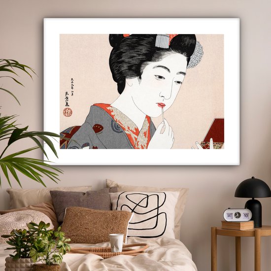 Canvas schilderij 160x120 cm - Wanddecoratie Vintage - Japans - Vrouw - Make up - Muurdecoratie woonkamer - Slaapkamer decoratie - Kamer accessoires - Schilderijen op canvas