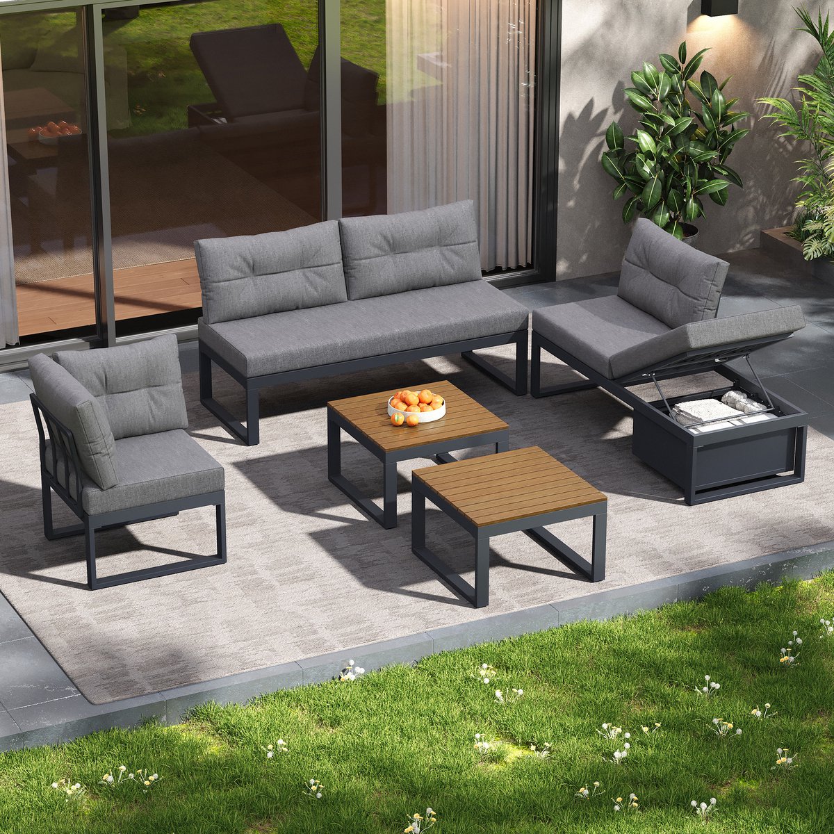 Wishdor Modulaire Tuinloungeset - 3-Standen Rugleuning En Opbergruimte - Modern - Voor Terras Of Balkon - Polyester - Grijs - 191,5 X 191,5 Cm