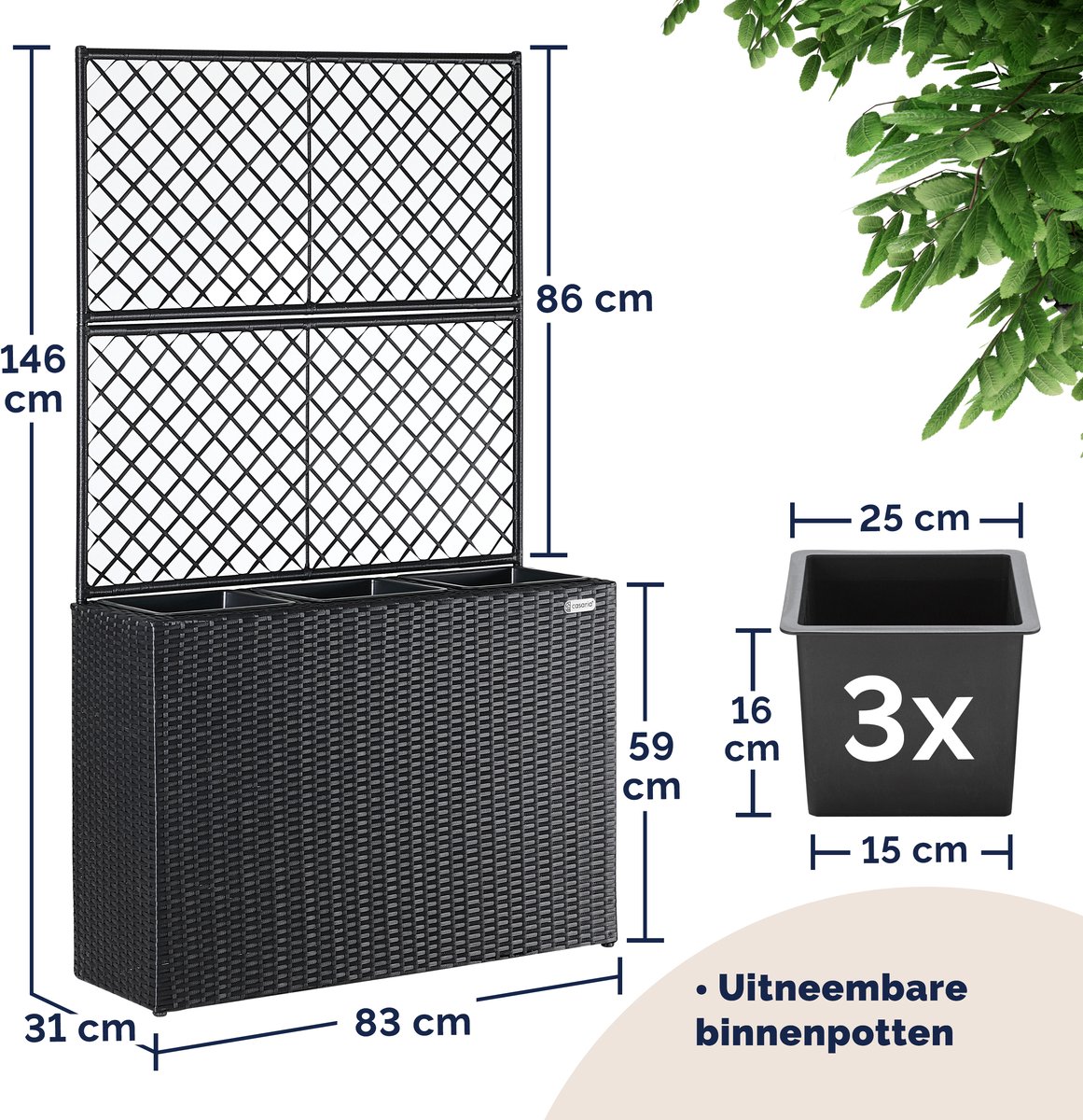 Casaria Polyrattan Plantenbak met Klimrek – 3 Bloembakken – 83x31x146 cm – Zwart — afbeelding 4