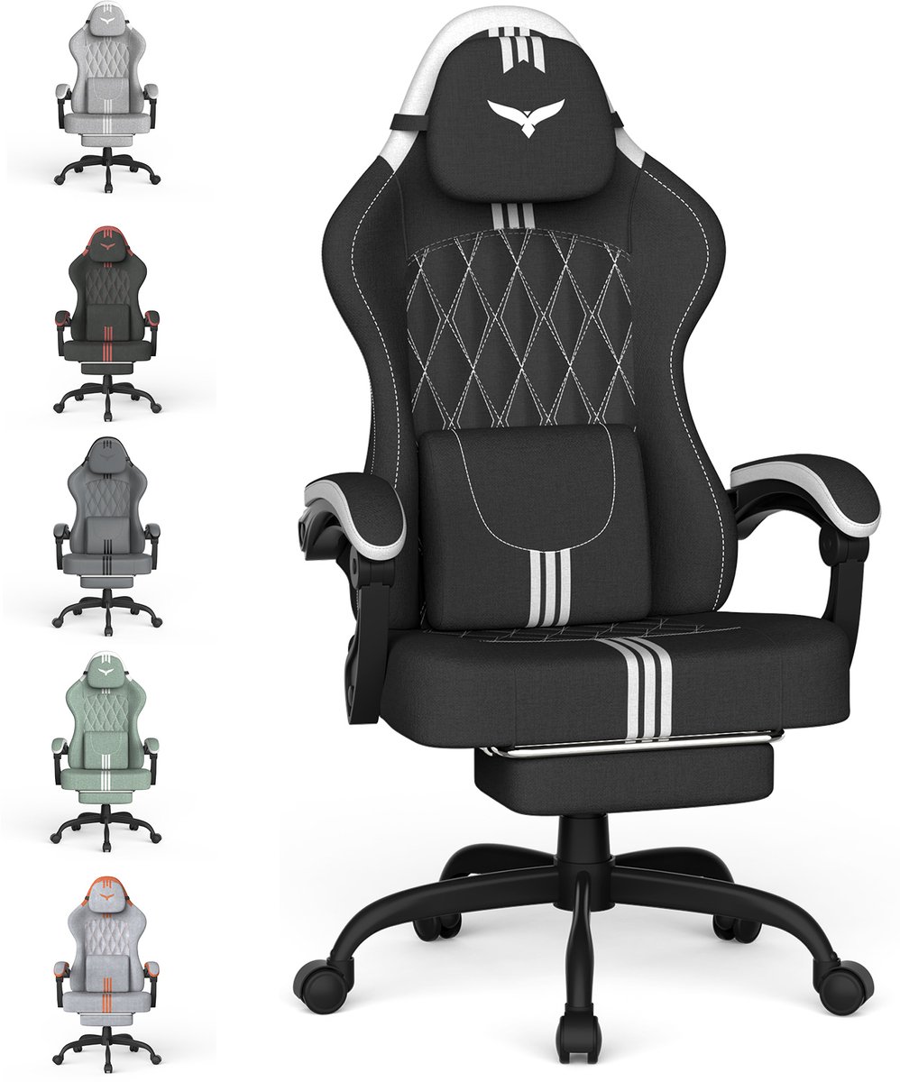 Soontrans - Ergonomische Gaming Stoel - Verstelbare Gamestoel -Lendensteun - Hoofdsteun - Voetsteun - Hoogteverstelbaar & 360° Draaibaar - Ademende Stof - Multifunctioneel als Bureaustoel - Werkstoel en PC-Stoel - Zwart-wit