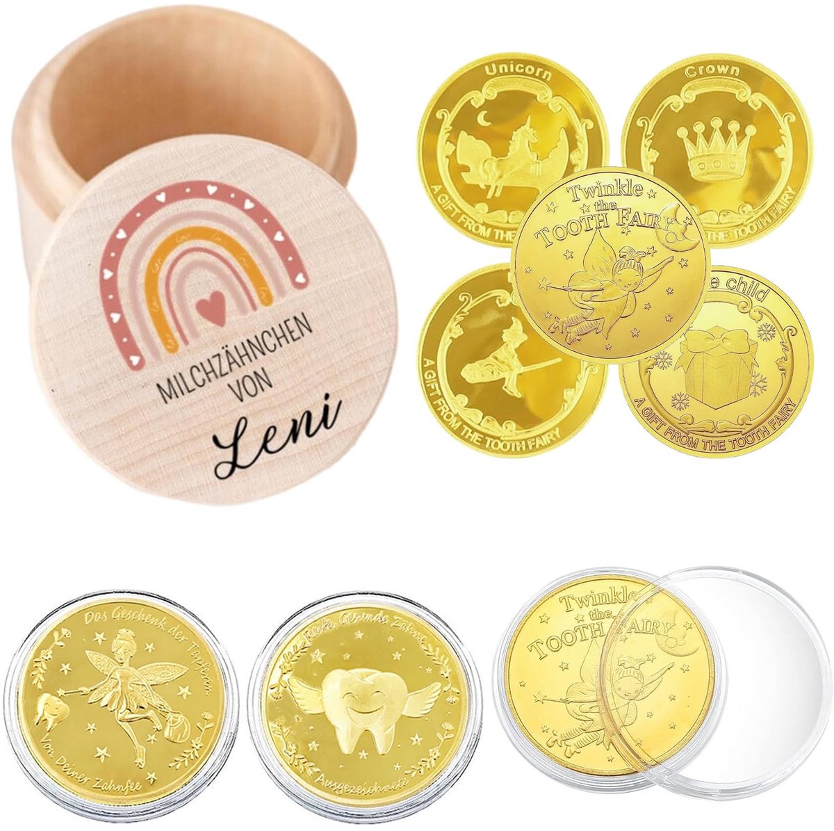 Dailygoods - Dailygoody - Houten Tandenborstel Set - Schattige Melktandendoos - Gouden Muntenset - Voor Kinderen - Verjaardagscadeaus - Geschikt voor Jongens en Me...