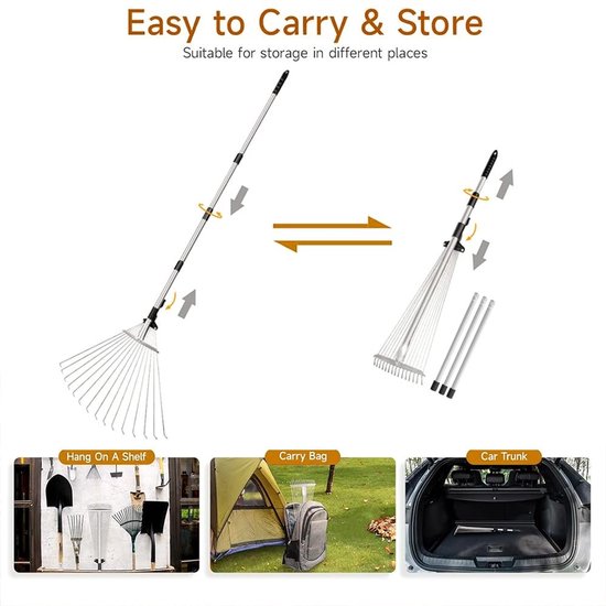 Dailygoods - Dailygoody - Bladbezem - Tuinbezem voor bladeren - Verstelbaar en compact - 215 cm - Hark met handvat - Geschikt voor gazon en binnenplaatsen - Staal — afbeelding 4