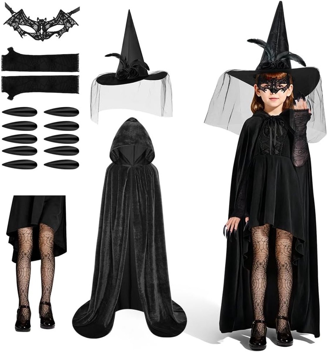 Zwarte Cape met Kap, Fluwelen Vampier Kostuum, Lange Cape voor Halloween, Carnaval en Feestjes met Masker en Kanten Armband