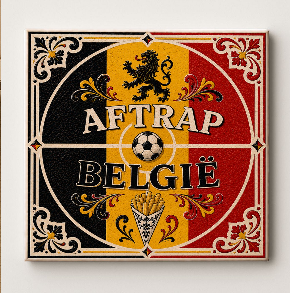 Bedruk King België Voetbal Aftrap Tegel – Belgische Vlag Design met Voetbal, Leeuw en Friet – Decoratieve Keramische Supporter Cadeautegel Wit