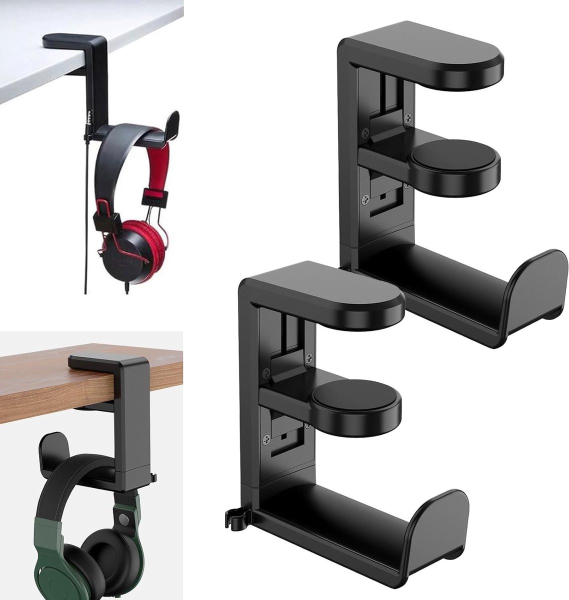 Set van 2 Hoofdtelefoonstandaards met 360° Draaibare Houder, Desk Stand voor Gaming Hoofdtelefoons en Accessoires, Zwart