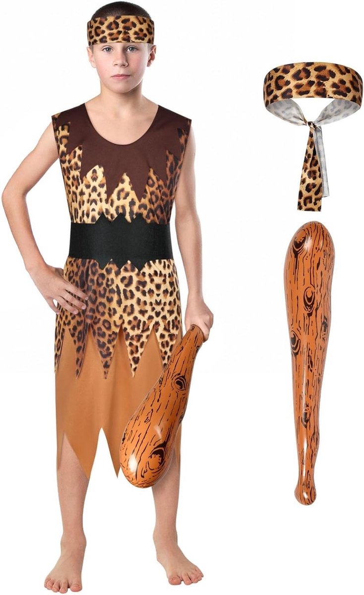 Wild Cave Outfit voor Kinderen met Steentijd Thema - Halloween Kostuum met Luipaardprint, Hoofddoek en Opblaasbare Stok
