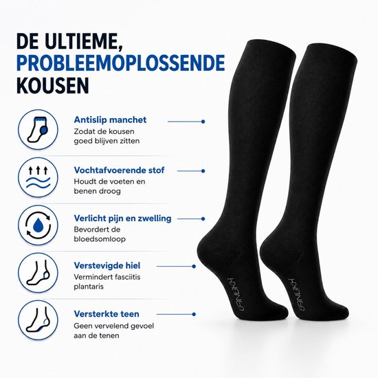 KANGKA Compressiekousen 20-30 mmHg maat 41-43 (L) - Steunkousen Vliegtuig - Compressie sokken voor Hardlopen Wandelen - Unisex - Zwart