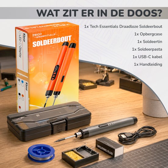 Inhoud van de doos: Tech Essentials draadloze soldeerbout, opbergcase, soldeertin, soldeerpasta, USB-C kabel, handleiding.