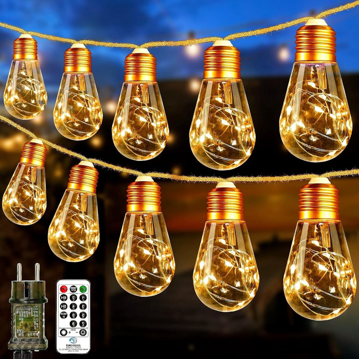 Set van 2 LED Buiten Sfeerverlichting met Afstandsbediening - 9 m Vintage Lichtjes met 16 Lampjes, 8 Verlichtingsmodi en Timer voor Balkon, Tuin en Feestjes