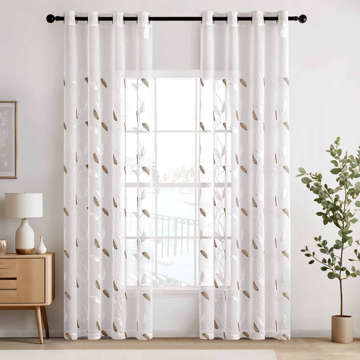 Dailygoody - Voile gordijn - Transparante bladeren - Modern design - Bruine bladeren - Raamgordijnen set van 2 - Geschikt voor woonkamer - 225x14