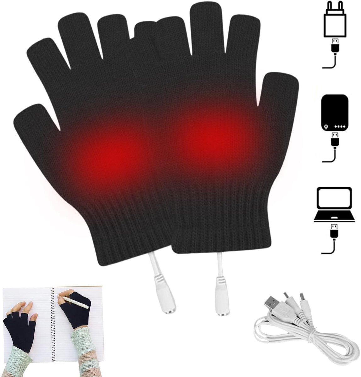 Dailygoody - Heated Usb Gloves - Winter Heated Gloves - Half Fingers Warm - Zwart - Geschikt voor Cycling, Motorcycling, Hiking, Skiing, Mountaineering