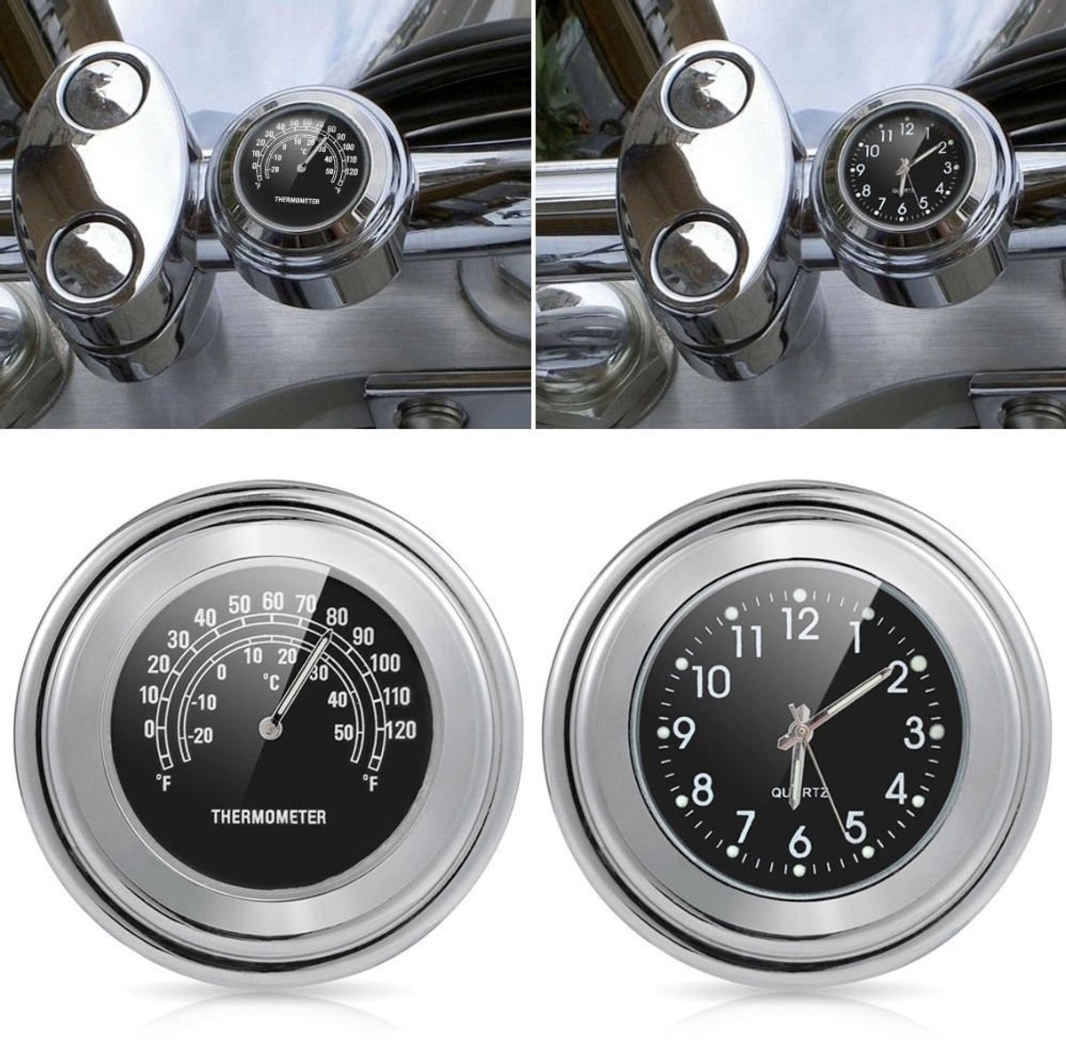Dailygoody - Klok en Thermometer Motorstuur - Waterdichte Klok - Zwart - Universeel - Hoogwaardige Kwaliteit - Geschikt voor 7/8 inch Stuur
