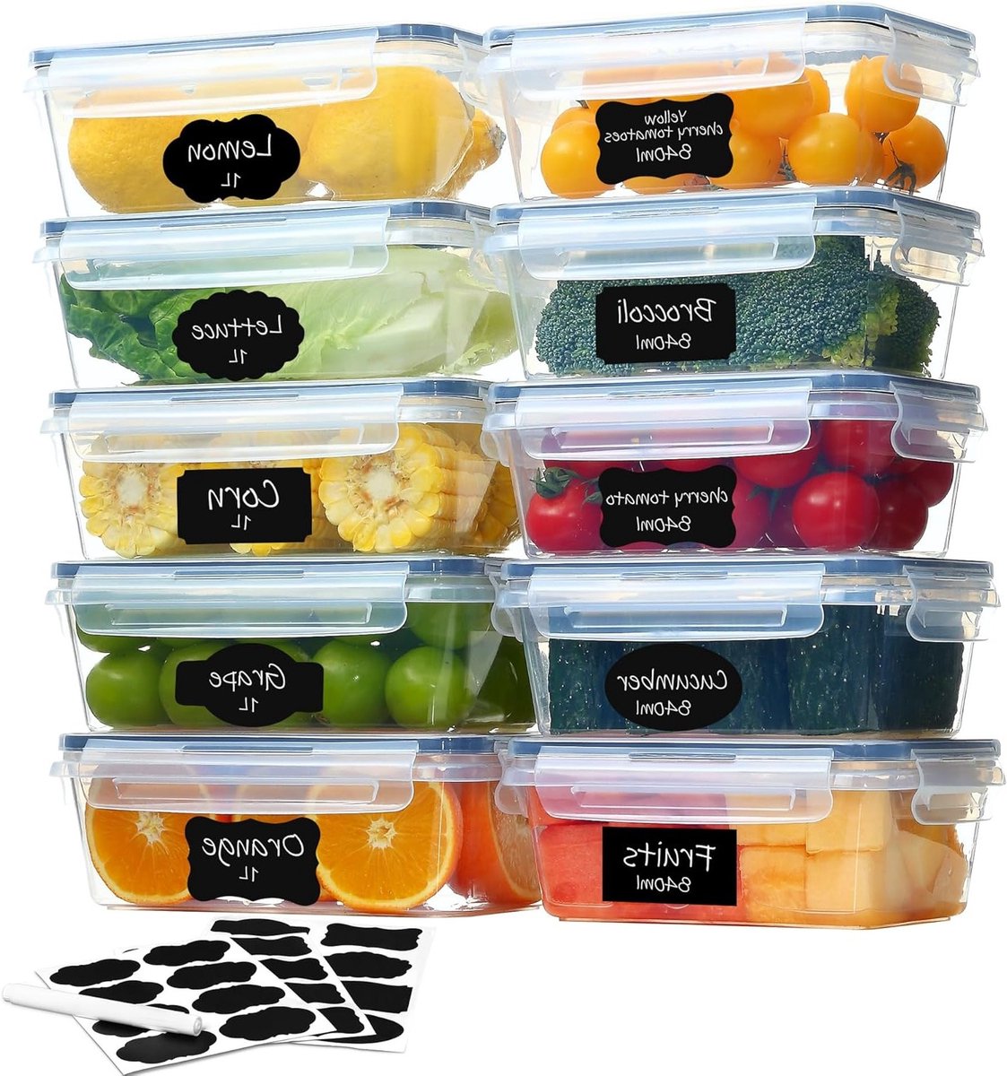 Set van 10 Voedselopslagdozen met Deksel (5 x 1 L + 5 x 850 ml) - Vriezerdozen, Maaltijdvoorbereiding, BPA-vrij, Luchtdicht en Stapelbaar voor Keuken en Voedselopslag