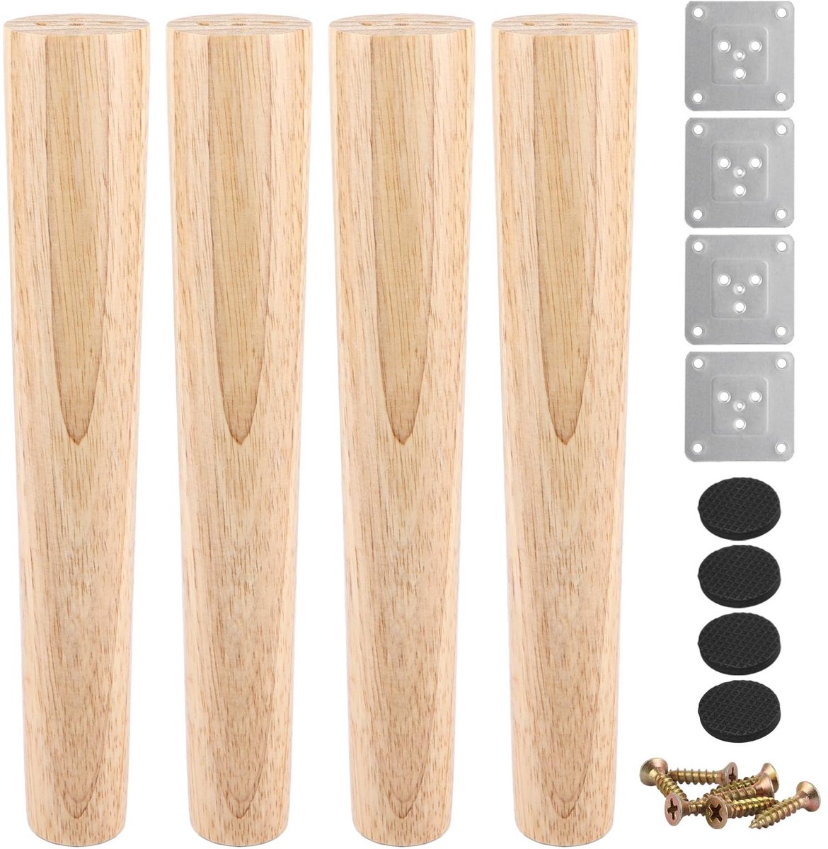 Dailygoods - Dailygoody - Meubelpoten - Massief Hout - 30 cm - Conisch - Reservepoten met Montageplaten - Geschikt voor Banken en Stoelen