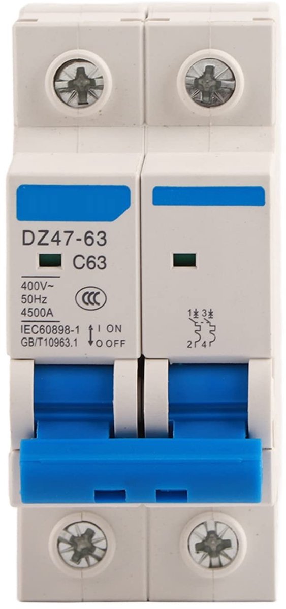 Dailygoods - Dailygoody - Miniatuur Stroomonderbreker - Luchtschakelaar - Handmatige bediening - 2P - Overbelastingsbeveiliging - 400V - Thuisgebruik - 63A