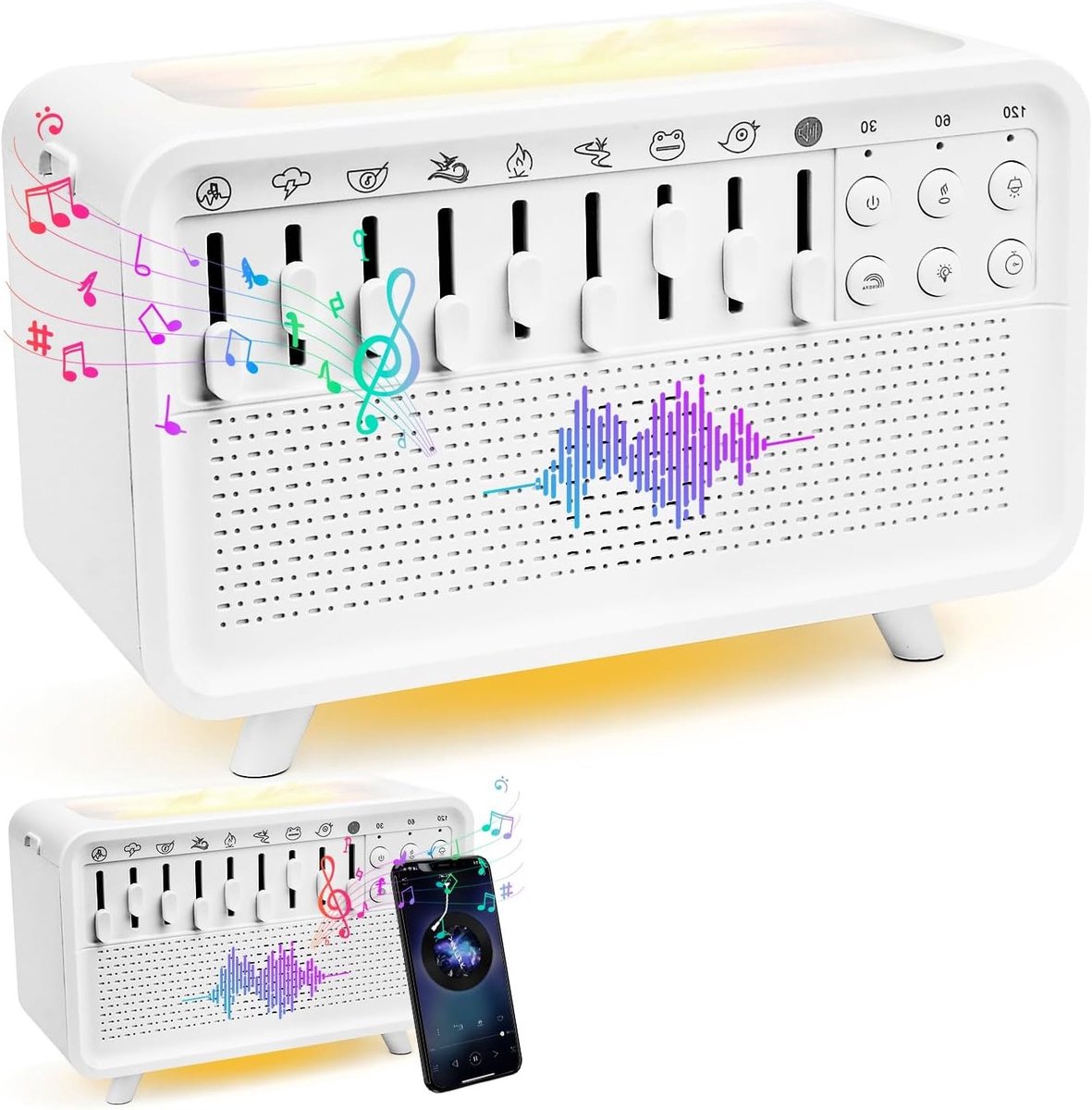 Sfeervolle Nachtlamp en Luchtbevochtiger met Witte Ruismachine voor Volwassenen, 4-in-1 Bluetooth Speaker met 8 Omgevingsgeluiden en Timer
