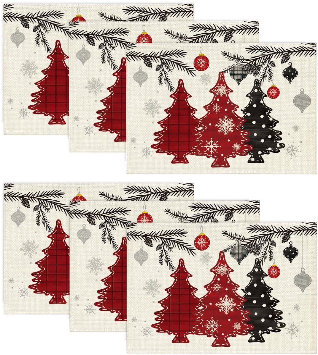 Dailygoody - Kerstplacemats - Rode dennenbomen - Wasbaar en antislip - 30 x 45 cm - Feestdecoratie - Geschikt voor kerst - Set van 6