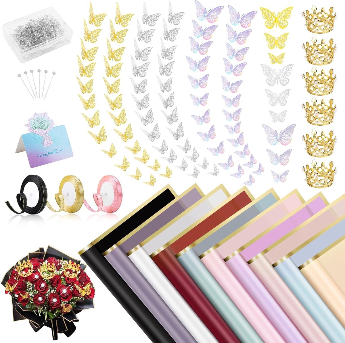 Bloemen Geschenk Verpakkingspapier - 20 Vellen Waterdicht Cadeaupapier met 10 Wenskaarten voor Bloemenboeketten en Cadeaus