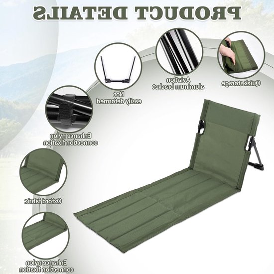 Vouwbare Strandmat met Rugleuning, Lichtgewicht Strandstoel met Uitgebreide Zitting voor Buiten, Perfect voor Camping, Picknick en Tuinactiviteiten — afbeelding 4