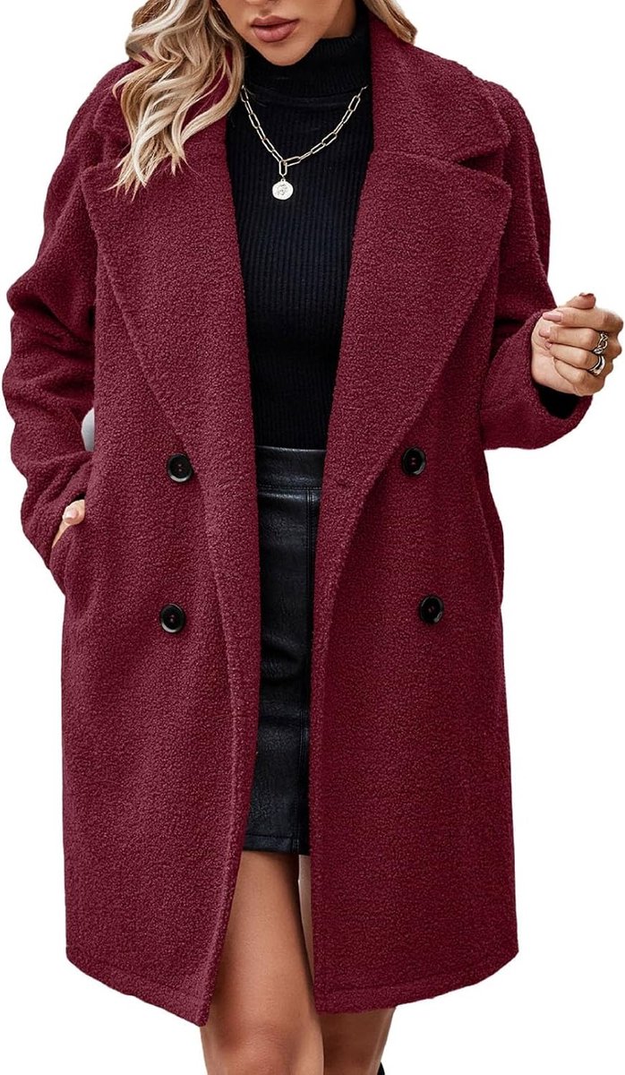 Elegante Dubbellaagse Overjas voor Dames, Warme Winterjas met Lange Mouwen en Omgeslagen Kraag voor Werk en Vrije Tijd