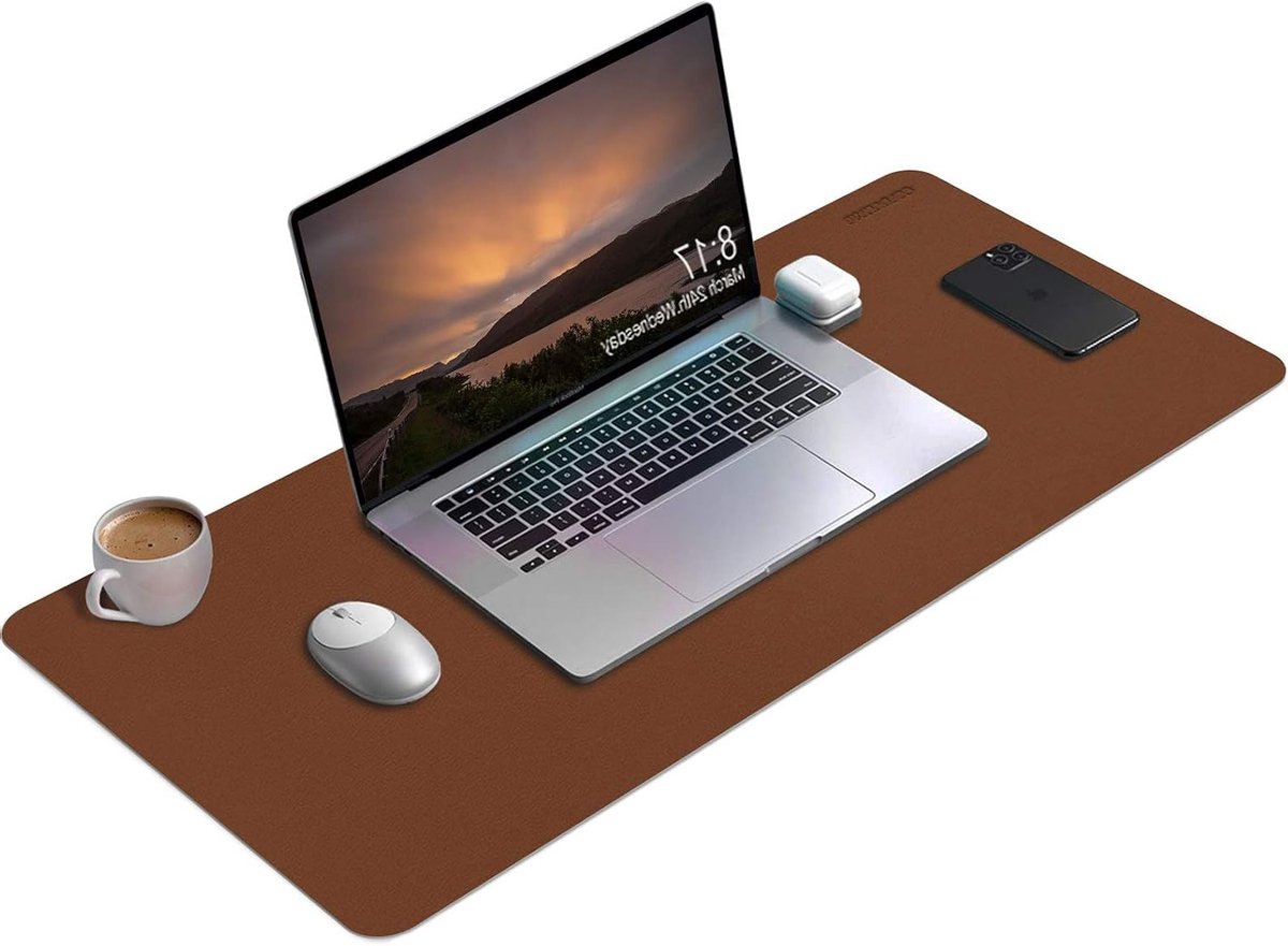 Grote Dubbelzijdige Bureau Onderlegger van PU Leer, Waterdichte Schrijfmateriaal en Muismat 80 x 40 cm (Bruin/Grijs)