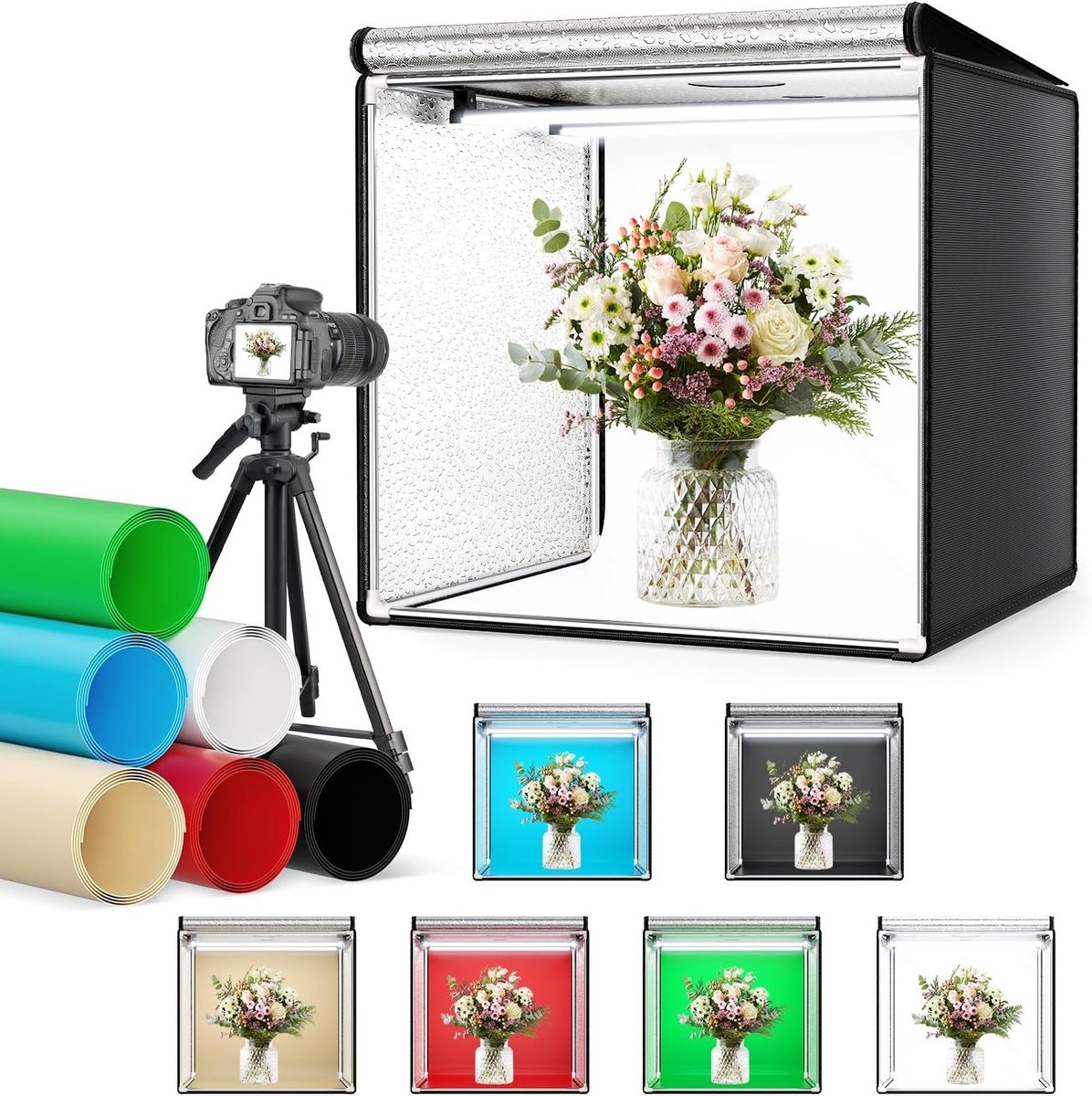 Lichtbox 60 cm met 5600 K, verstelbare helderheid en 6 kleurrijke achtergronden voor productfotografie met 126 LED-lampen