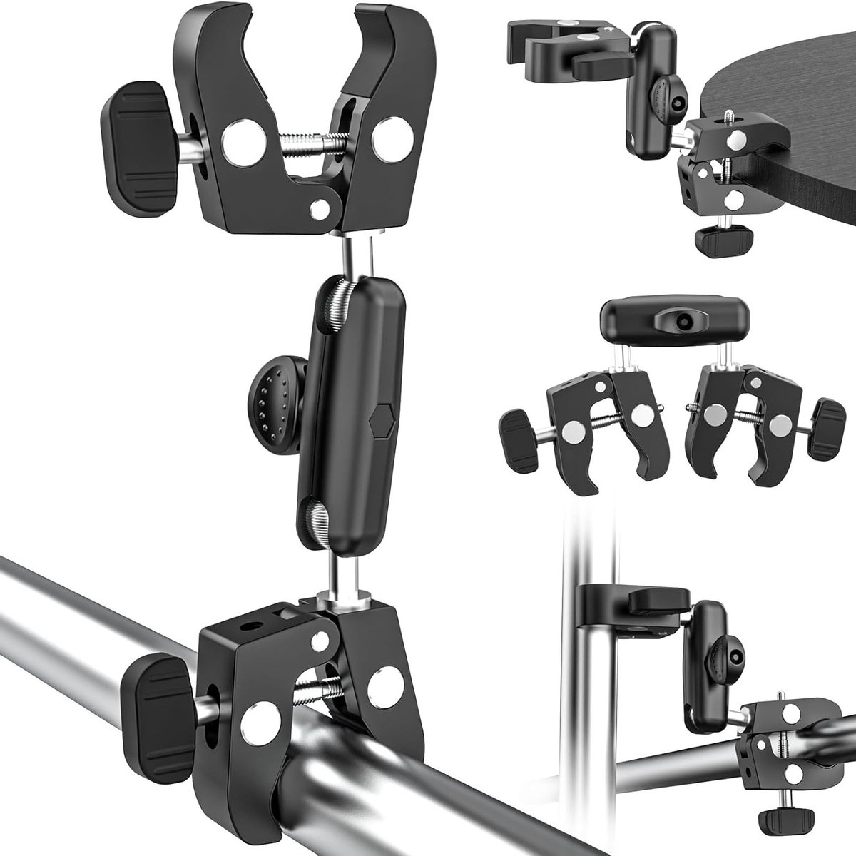 Camerahouder met dubbele klemhouder en 360°-draaiarm voor stabiliteit en flexibiliteit