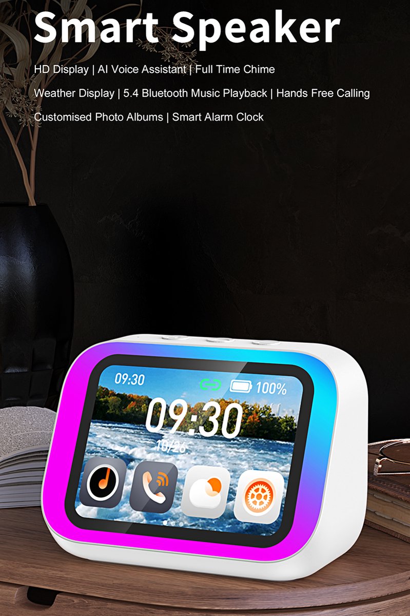 Slimme wekker met Bluetooth-luidspreker, weerweergave, nachtlampje, muziekspeler, verhalenspeler, fotolijst, perfect cadeau, Bluetooth-app