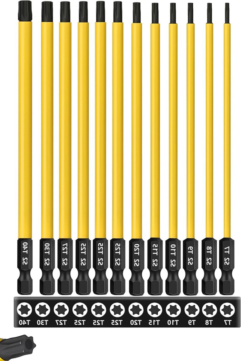 Allecta - 12-delige Torx schroevendraaier bit set met lange 6 inch/150mm ster schroevendraaier boren van S2 staal. Magnetische Torx kop en 1/4 inch hex schacht voor impact.
