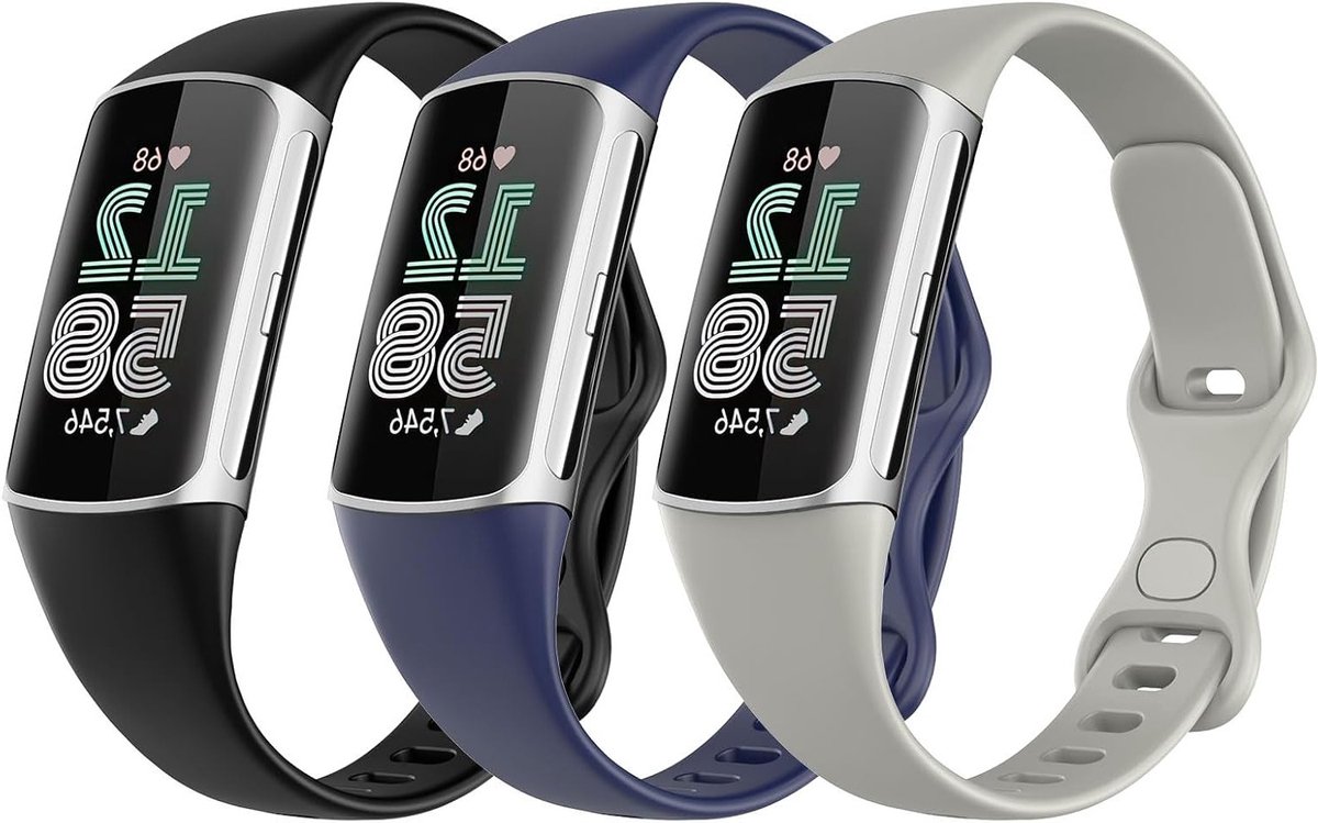 3-Pack Horlogeband voor Fitbit Charge 6 en Charge 5, Zacht TPE, Verstelbare en Ademende Vervangband voor Draagcomfort