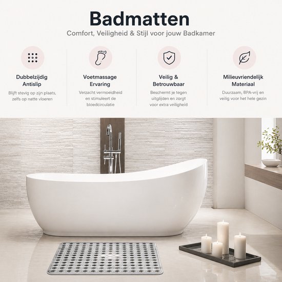 Grijze antislip douchemat met noppen, in een badkamer met bad en kaarsen.
