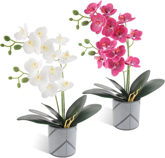 Realistische Kunstorchideeën in Vaasje 50 cm - Perfect voor Tafelversiering, Thuisdecoratie en Bruiloften (Wit/Paarse)